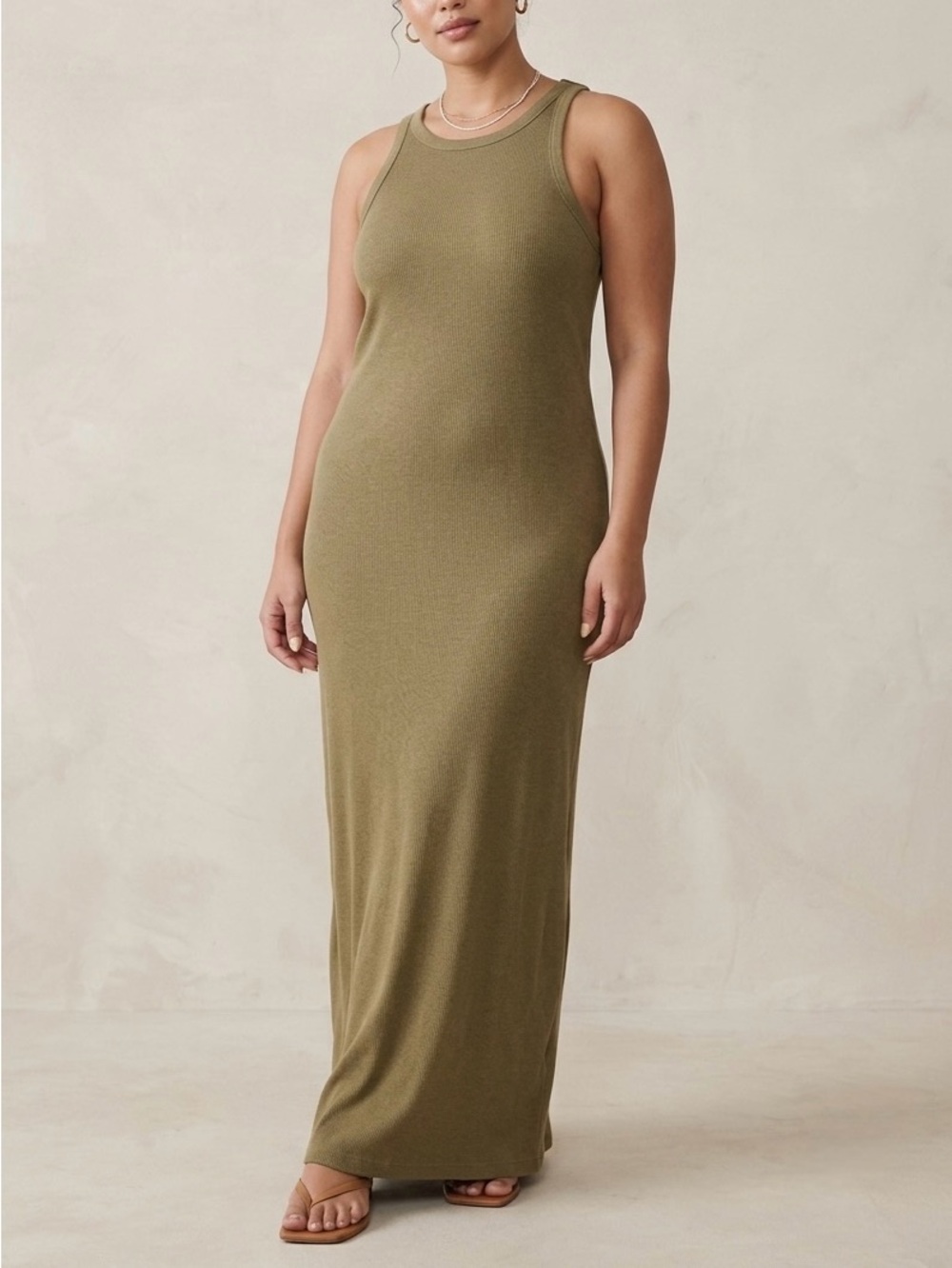 BUCK MASON Surplus Rib Tank Maxi Dress Marled Moss Olive Green Size Large